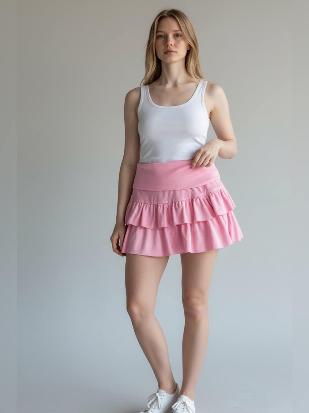 SHEIN pink ruffle mini skirt in size S. Polyester, cotton & elastane blend.